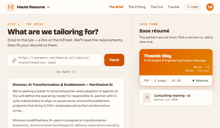 The Brief — job description input and base résumé picker